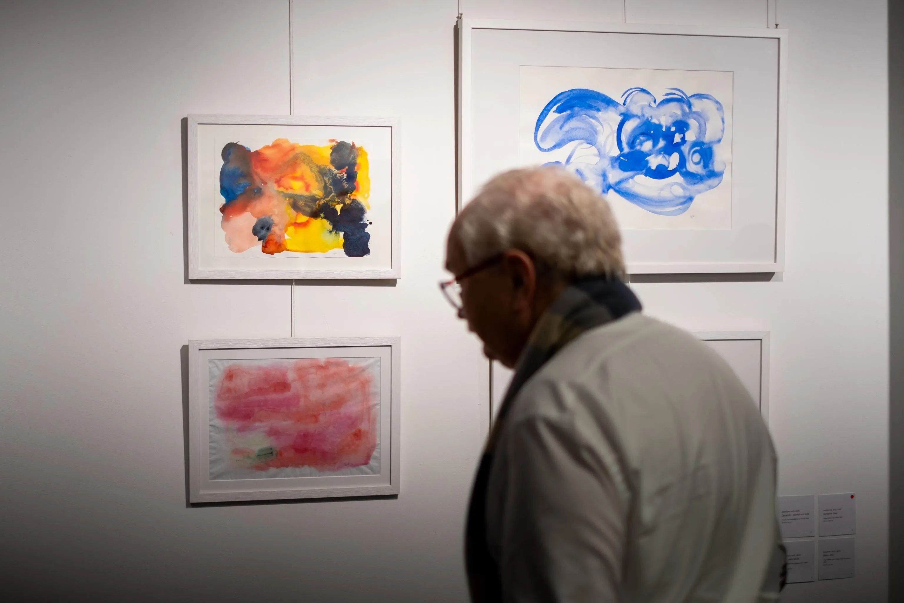 Visitor viewing watercolor and ink works